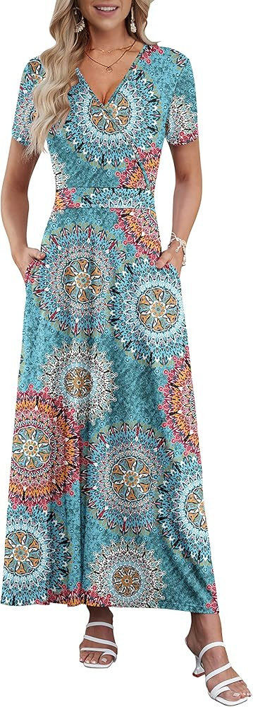 AUSELILY Women's Summer Maxi Dress Short Sleeve Floral Print Bohemian V Neck with Pockets | Amazon (US)