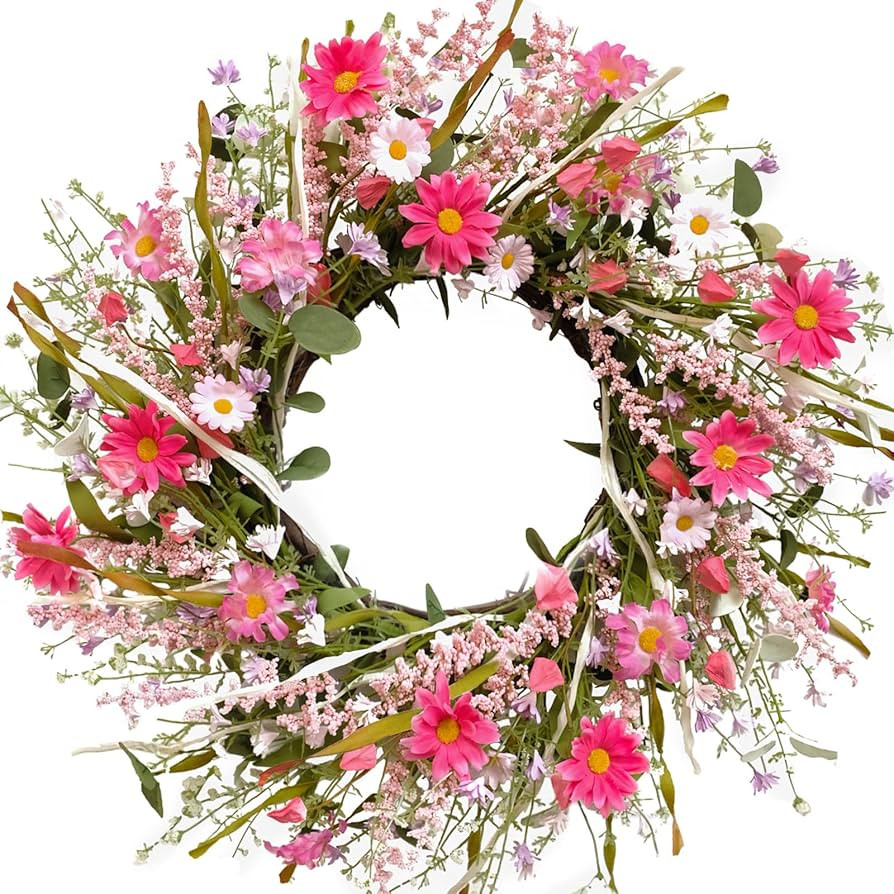 TEMPUS Pink Daisy and Lavender Wreath 22" Spring and Summer Wreath Artificial Spring Wreath Silk ... | Amazon (US)