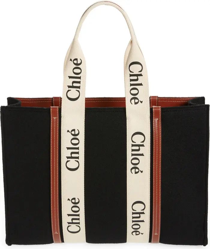 Chloé Large Woody Logo Strap Stripe Recycled Wool Tote | Nordstrom | Nordstrom