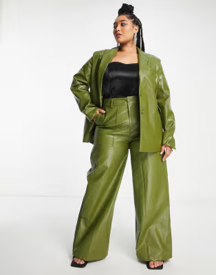 Extro & Vert Plus oversized blazer and pants set in dark green faux leather | ASOS (Global)