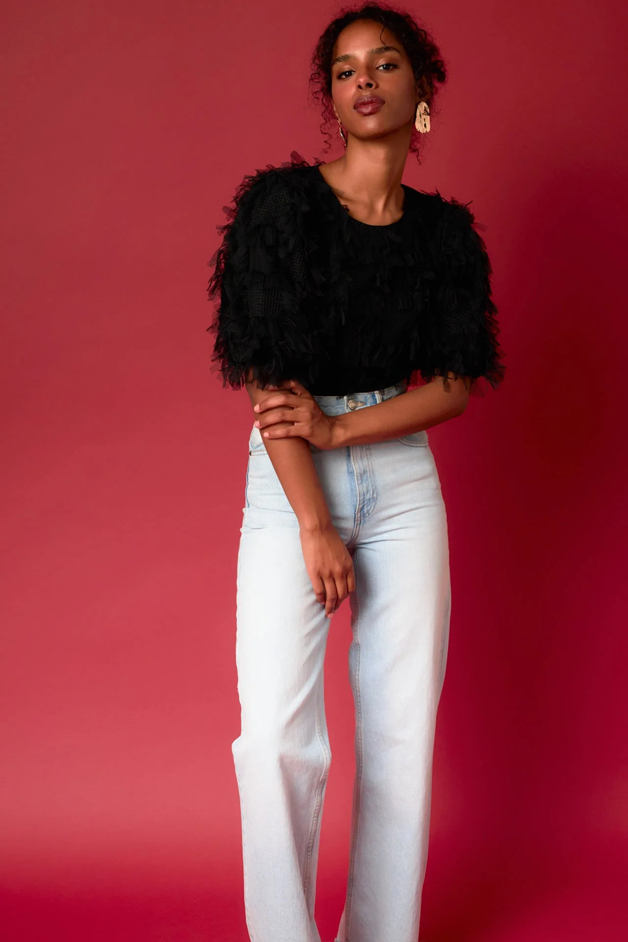 Gridded Mesh Feathered Cropped Top | OBJECTRARE