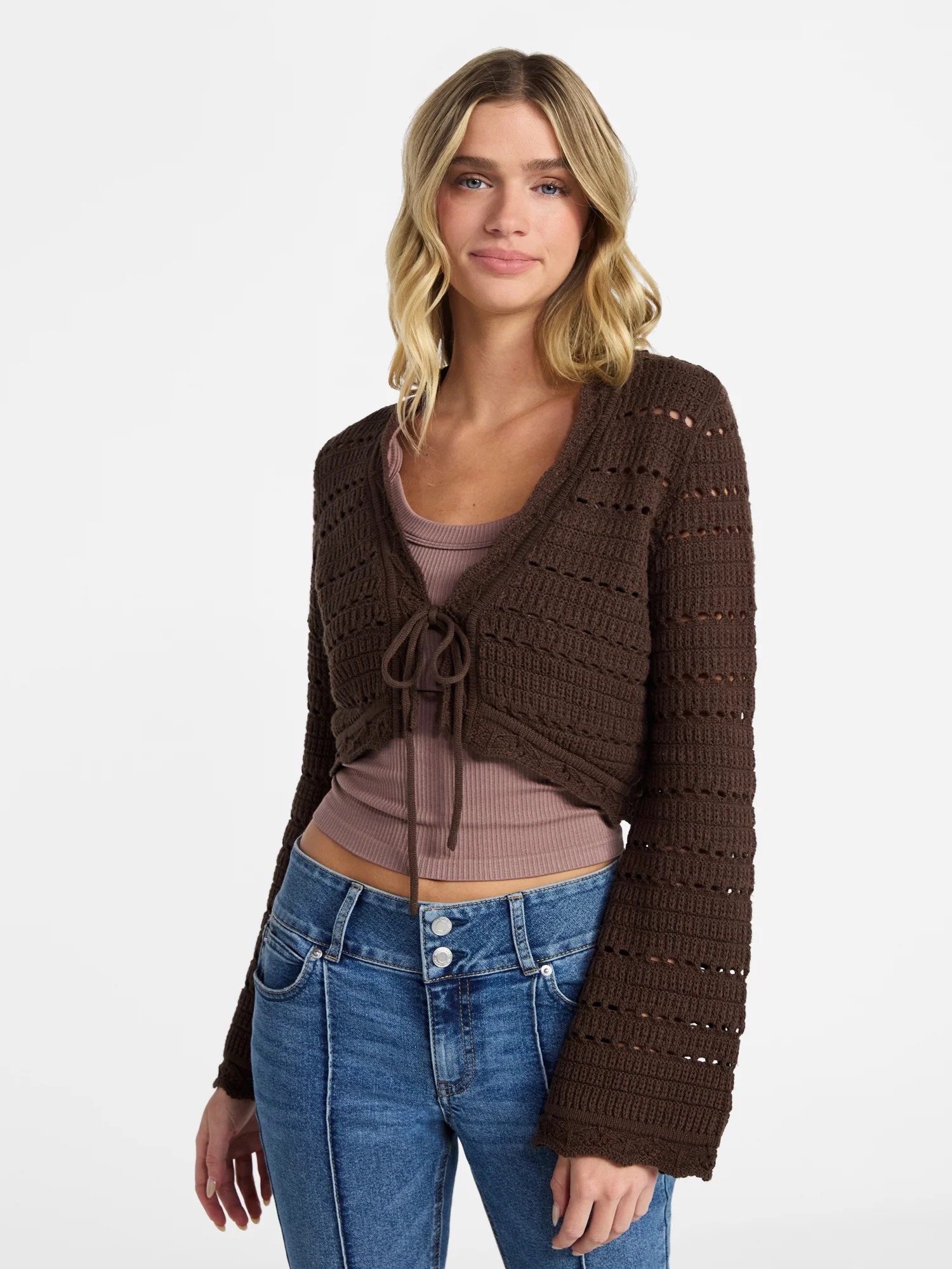No Boundaries Tie Front Pointelle Cardigan, Women’s Sizes XXS-XXL | Walmart (US)