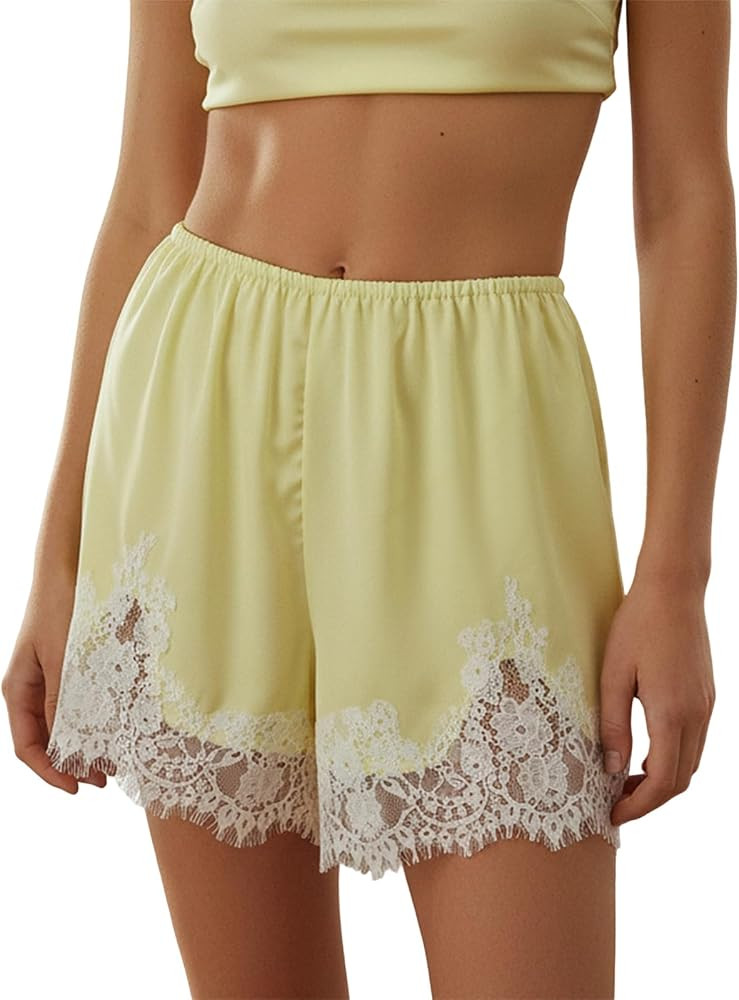 Women Lace Trim Satin Shorts Low Rise Silk Mini Micro Shorts Lace Patchwork Y2k Teen Girls Cute C... | Amazon (US)