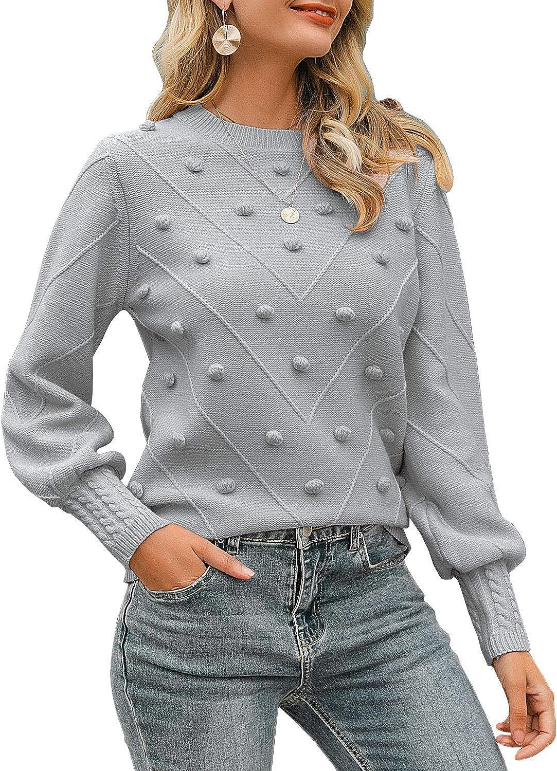 Miessial Women's Crew Neck Lantern Sleeve Sweater Pullover Elegant Knit Jumper Top (10, Gray) at ... | Amazon (US)