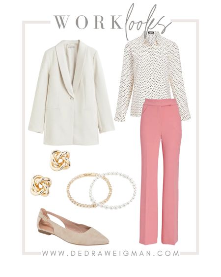 Work outfit look! Loving these pink work pants, print blouse and long blazer! 

#workwear #workoutfit 

#LTKunder100 #LTKworkwear #LTKFind