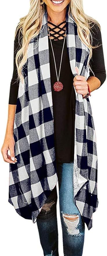 Womens Draped Plaid Cardigan Vests Casual Loose Fit Shawl Kimono Sleeveless Fringe Sweater Coat J... | Amazon (US)