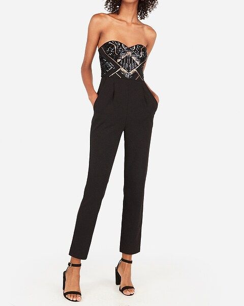 sequin geometric strapless sweetheart jumpsuit | Express