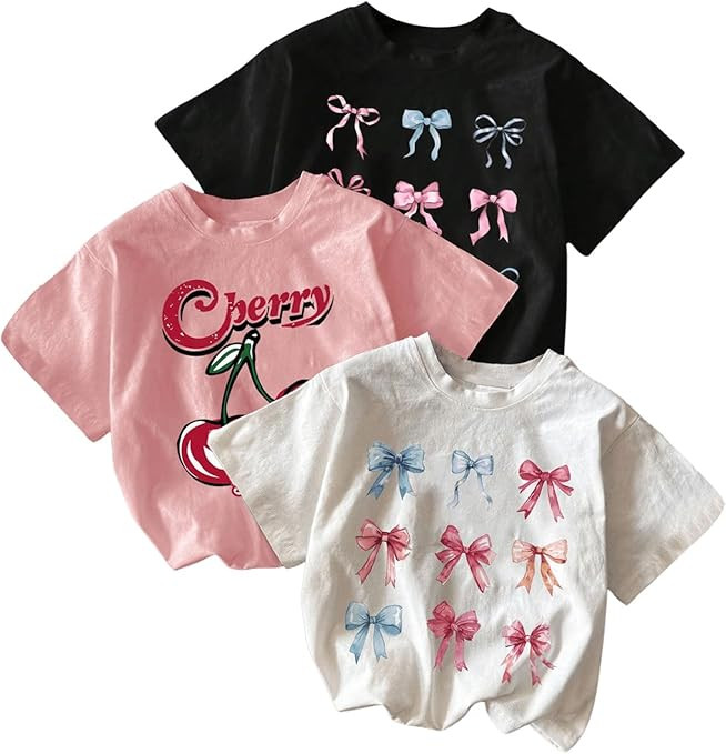 RoseSeek Girl's Bow Cherry Graphic Tees Short Sleeve Crewneck Cute T Shirts Tops for Teens Summer... | Amazon (US)