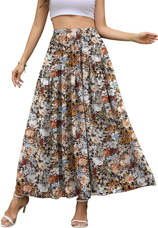 NASHALYLY Chiffon Maxi Skirt for Women A-Line High Waisted Elastic Floral Long Skirt | Amazon (US)