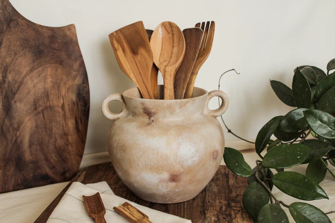 Rustic Utensil Holder, Vintage Handle Ceramic Vase, Kitchen Crock, Nordic Style Vase, Housewarmin... | Etsy (US)