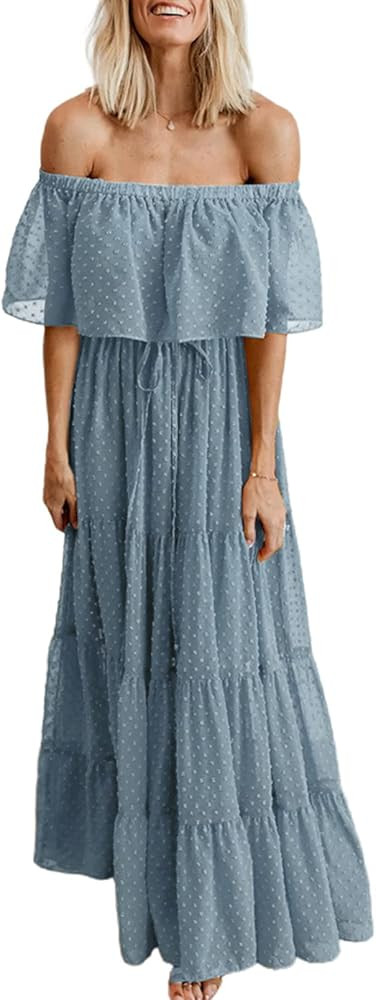 BLENCOT Womens Casual Floral Lace Swiss Dots Off The Shoulder Long Evening Dress Cocktail Party M... | Amazon (US)