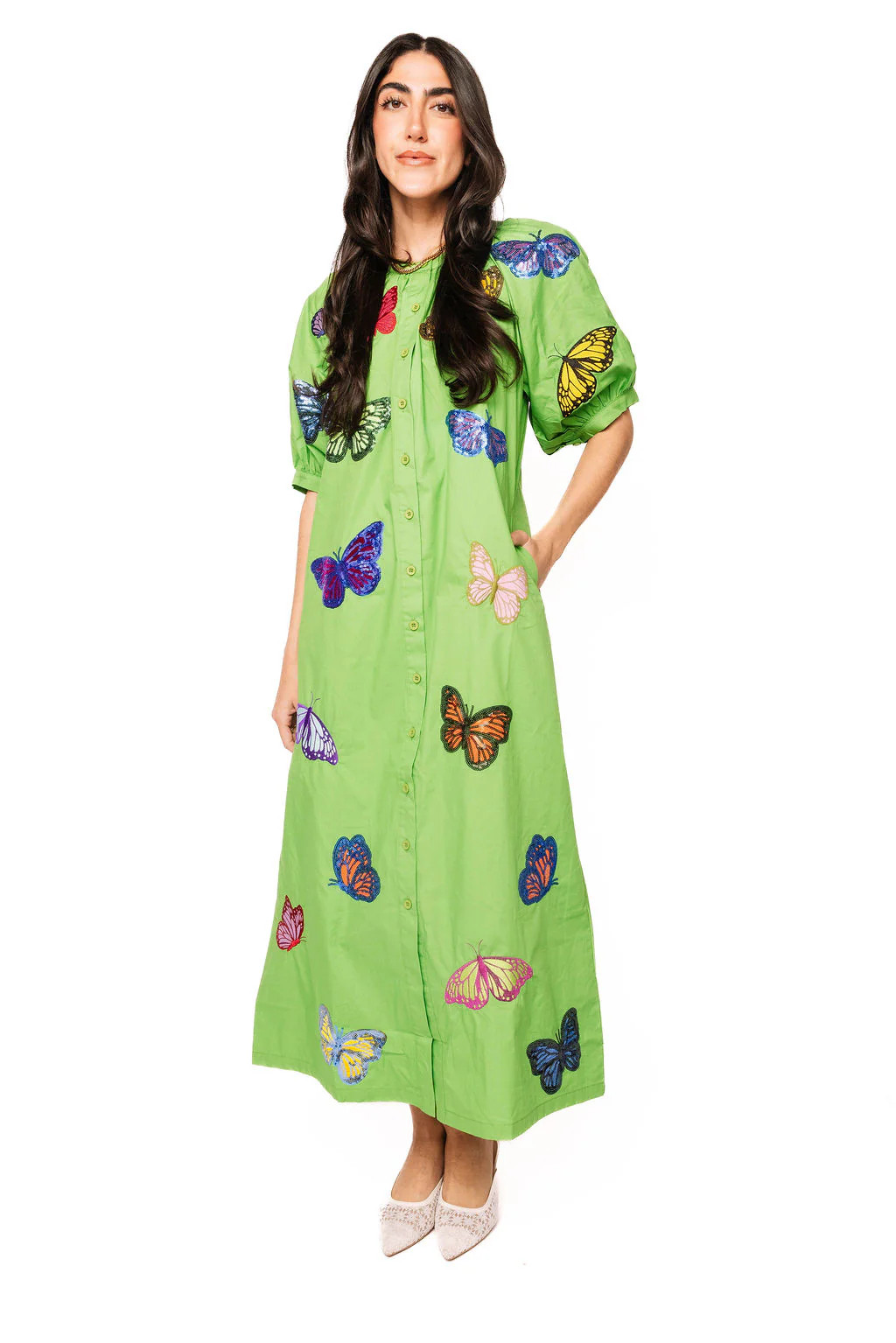 Green Multi Butterfly Button Up Cotton Midi Dress | Queen of Sparkles
