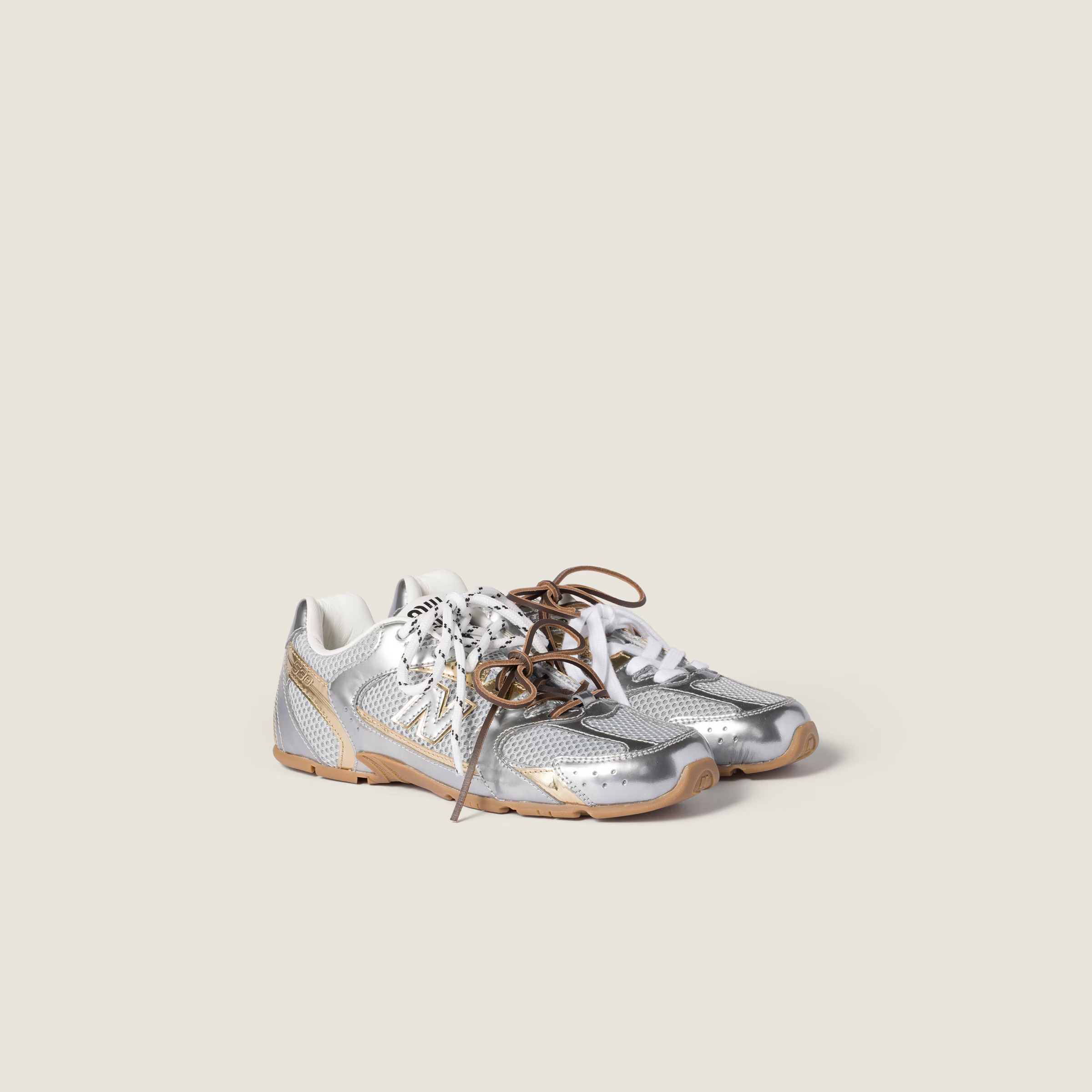 Silver/platinum New Balance X Miu Miu 530 Sl Metallic Leather And Mesh Sneakers | Miu Miu | Miu Miu US