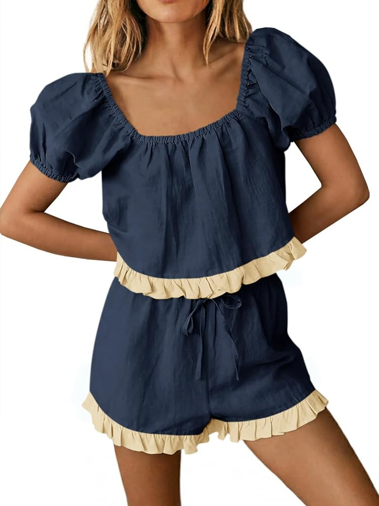Tankaneo Womens Summer Short Sets Cute Puff Sleeve Square Neck 2 Piece Sets | Amazon (US)