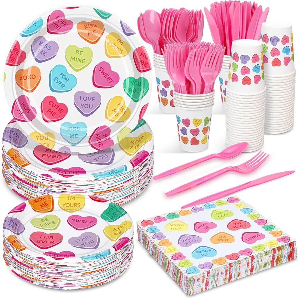 Layhit 350 Pcs Valentines Day Party Supplies Conversation Heart Paper Plates Napkins Cups Disposa... | Amazon (US)