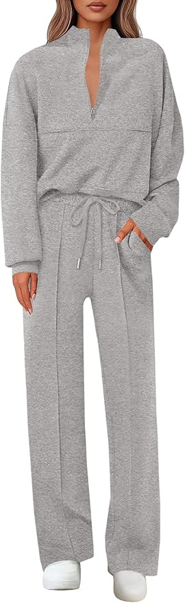 Lazysmile 2 Piece Sets For Women Lapel Half Zip Sweatshirt and Wide Leg Long Pants Sweatsuit Loun... | Amazon (US)
