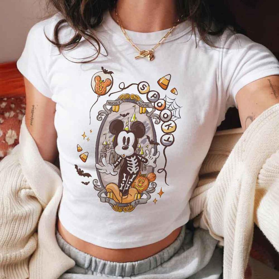 Retro Spooky Mickey Skeleton Halloween Baby Tee Crop Top, Mickey Skeleton Coquette Baby Tee, Disn... | Etsy (US)