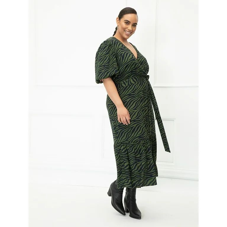 ELOQUII Elements Women's Plus Size Zebra Print Midi Wrap Dress with Puff Sleeves | Walmart (US)