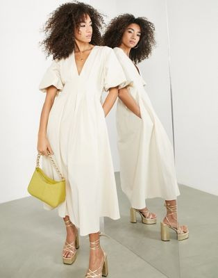 ASOS EDITION pleat waist midi dress with blouson sleeve in cream | ASOS (Global)