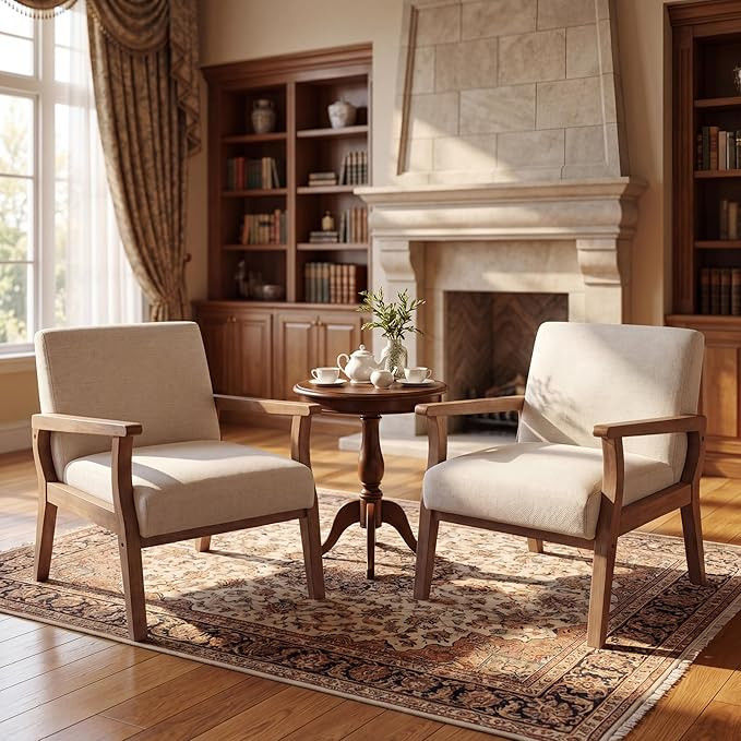 Beige Accent Chairs Set of 2 - Mid Century Modern Chair for Living Room, Bedroom - Armchair Wood ... | Amazon (US)