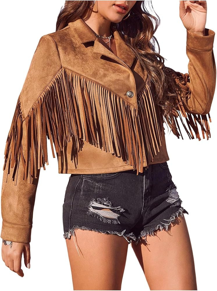WDIRARA Women's Fringe Faux Suede Open Front Jacket Western Concert Long Sleeve Outerwear | Amazon (US)