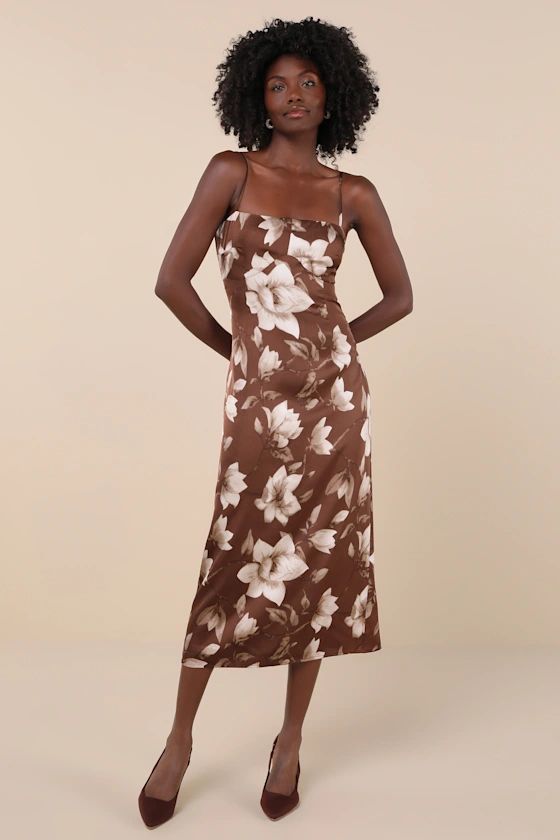 Brown Floral Satin Seamed Midi Dress | Brown Midi Dress | Brown Silk Dress | Brown Fall Dress | Lulus