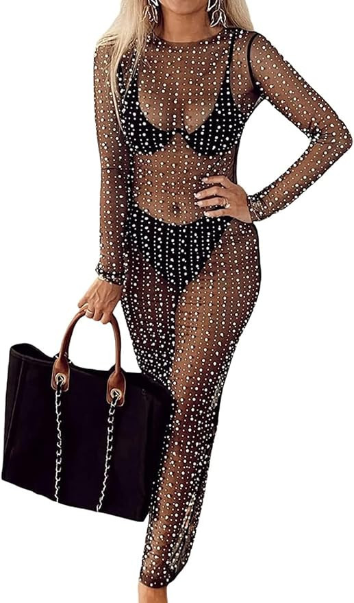 Modegal Women's Sheer Mesh Pearl Shiny Rhinestone Dress Long Sleeve Summer Swimwear Bathing Suit ... | Amazon (US)