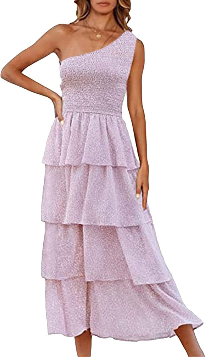 Women Summer One Shoulder Sleeveless Boho Maxi Dress Casual Solid Color High Waist A Line Tiered ... | Amazon (US)