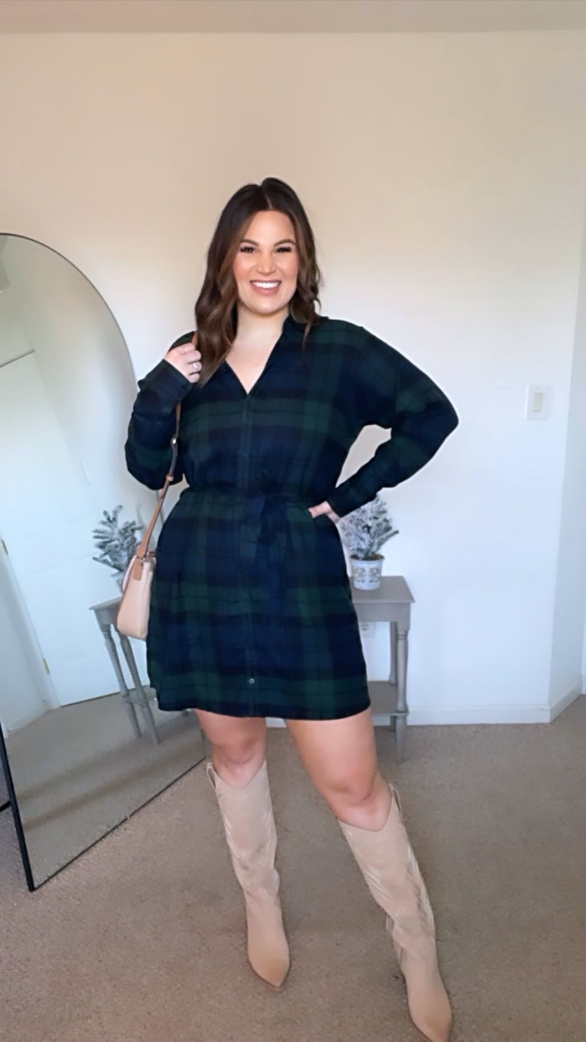 green emerald velvet dress Plus Size Navy & Green Check Cotton Flannel Shirt Dress main image 1