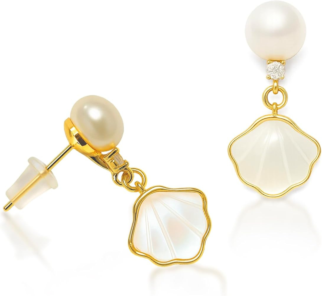 18K Mother of Pearl shell in Yellow Gold-Plated Earring, Seashell Stud Dangle Earring for Women D... | Amazon (US)