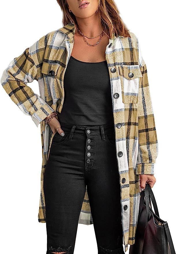 Amazon.com: KIRUNDO Women's Flannel Plaid Shirts Jacket Shacket Coats Casual Boyfriend Button Dow... | Amazon (US)