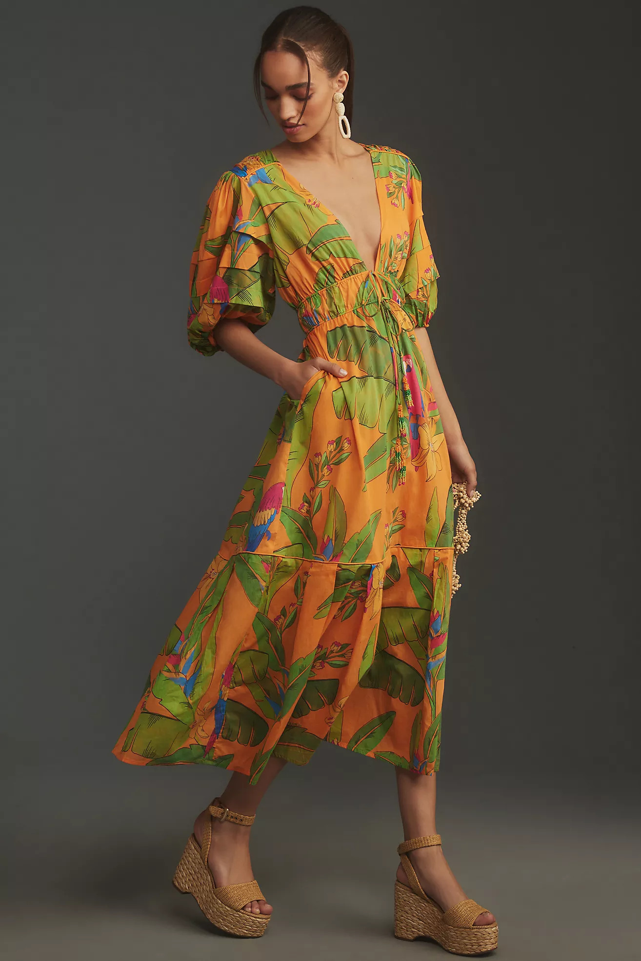 Farm Rio Fresh Macaws Puff-Sleeve Maxi Dress | Anthropologie (US)