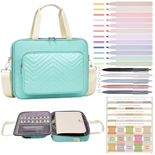 Xihan Waterproof Bible Bag for Women With Detachable Case,Quilted Bible Bag with Leather Handle,Bible Journaling Kit: 5 Pens, 12 Highlighters, 72 Tabs,Christian Travel Carrier (Green) | Amazon (US)