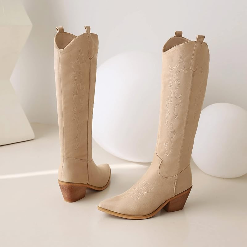 Cowboy Boots for Women Embroidery Western Cowgirl Knee High Chunky Heel Boots with Pull-Up Tabs | Amazon (US)