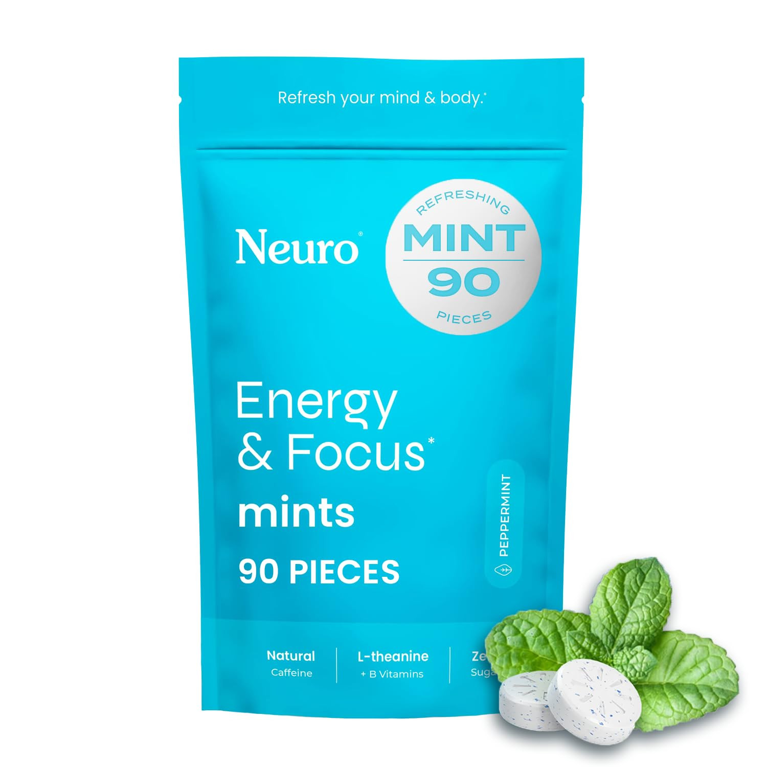 NeuroGum Energy & Focus Mints (90 Count Bag, Peppermint) | 40mg Natural Caffeine + L-Theanine + V... | Amazon (US)