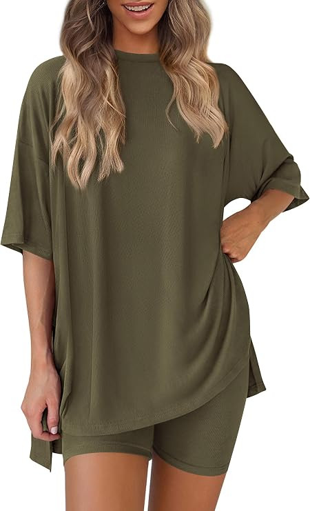 PRETTYGARDEN Women's Two Piece Lounge Set 2025 Summer Casual Oversized Shirts Biker Shorts Matchi... | Amazon (US)