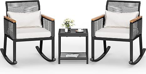 YITAHOME 3-Piece Patio Wicker Rocking Chair Outdoor Conversation Bistro Set with Wood Armrest and... | Amazon (US)