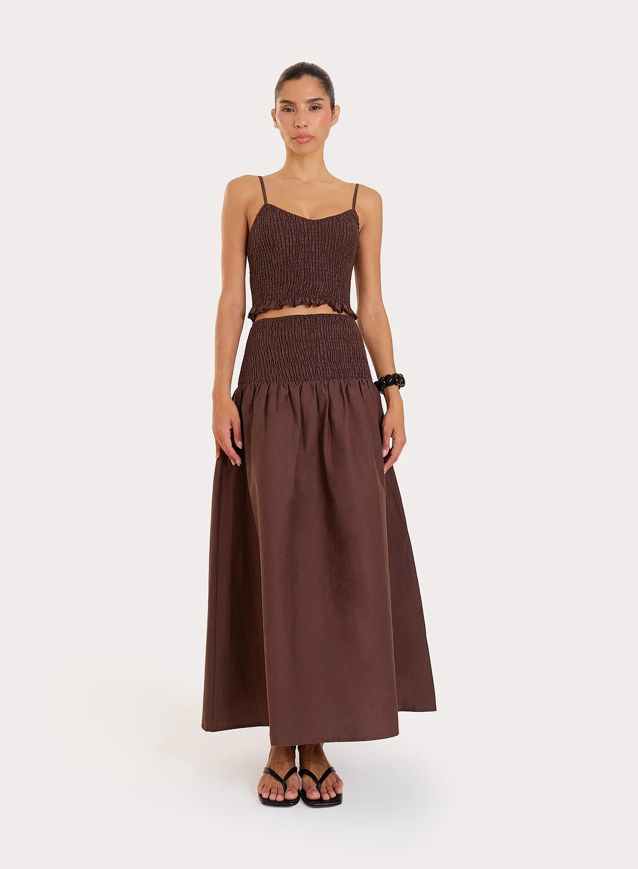 Women's Chocolate Shirred Drop Waist Maxi Skirt | Lowri | 4th & Reckless | 4th & Reckless