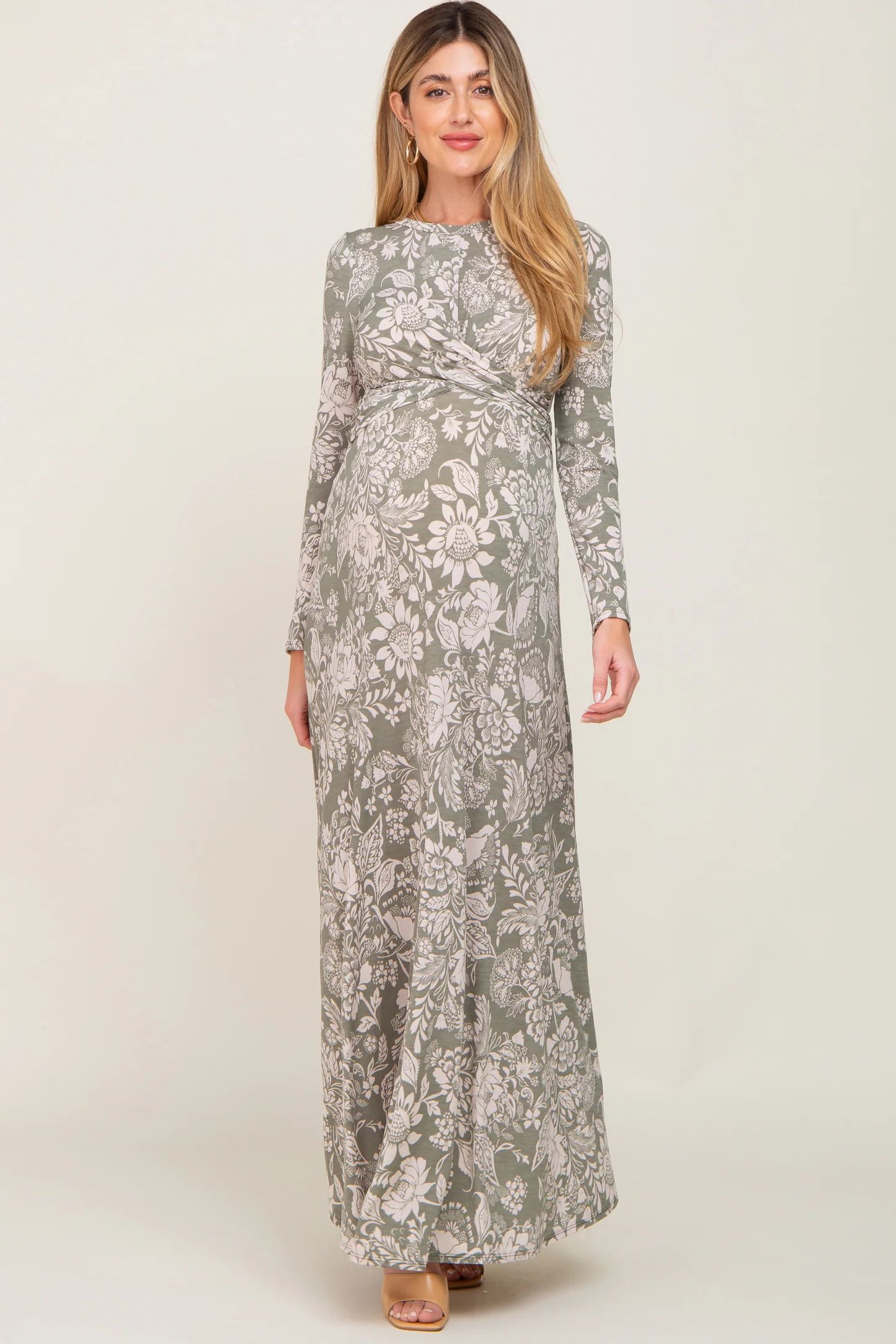 Sage Floral Twist Long Sleeve Maternity Maxi Dress | PinkBlush Maternity