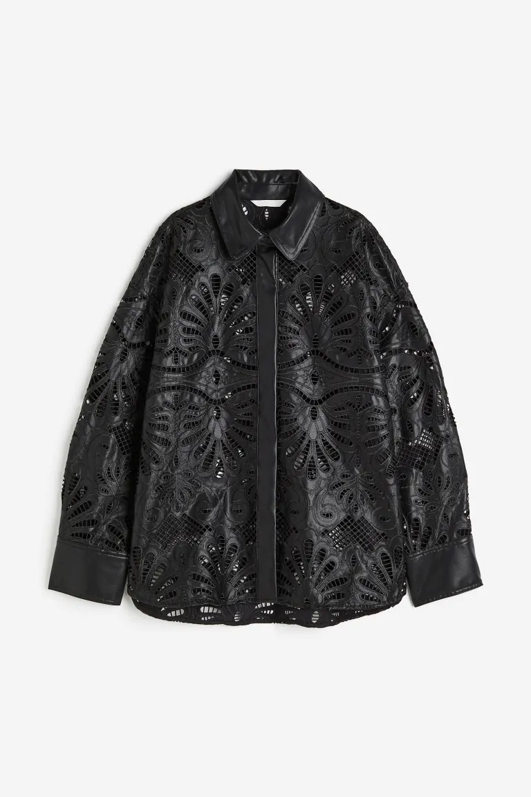 Coated Eyelet Embroidered Shirt - Black - Ladies | H&M US | H&M (US + CA)