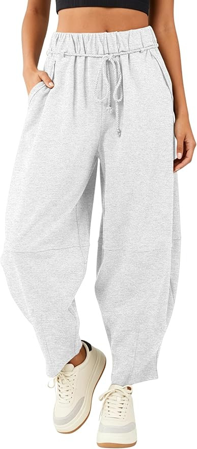 SeekMe Women's Barrel Leg Pants Drawstring Elastic Waist Palazzo Sweatpants Lounge Cotton Boho Tr... | Amazon (US)