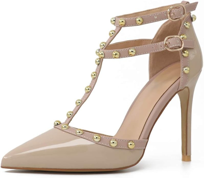 Comfity Womens Rivets Pointed Toe Pumps Golden Round Rivets Strappy Ankle T-Strap Stiletto Dress ... | Amazon (US)