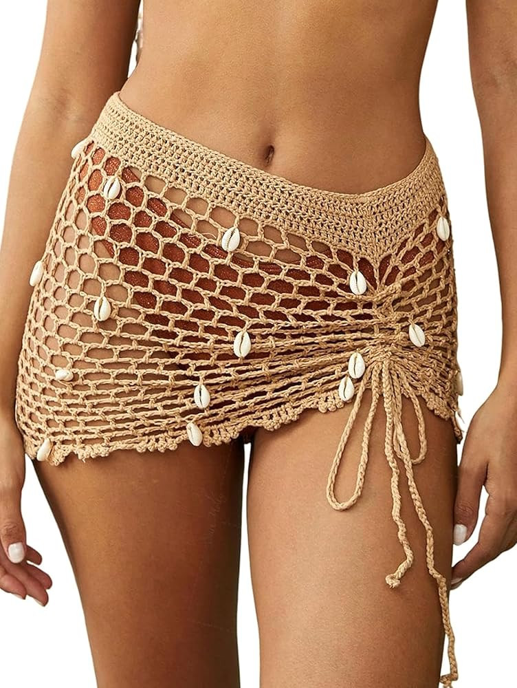 Women's Pure hand Crochet Hollow Out Shell Khaki Swimwear Swimsuit Cover Up Beach Skirt.(SJJ71) | Amazon (US)