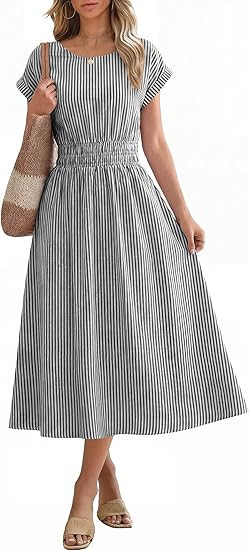 ANRABESS Womens Summer Midi Dress Striped Casual Short Sleeve Crewneck Empire Waist 2026 Flowy Lo... | Amazon (US)