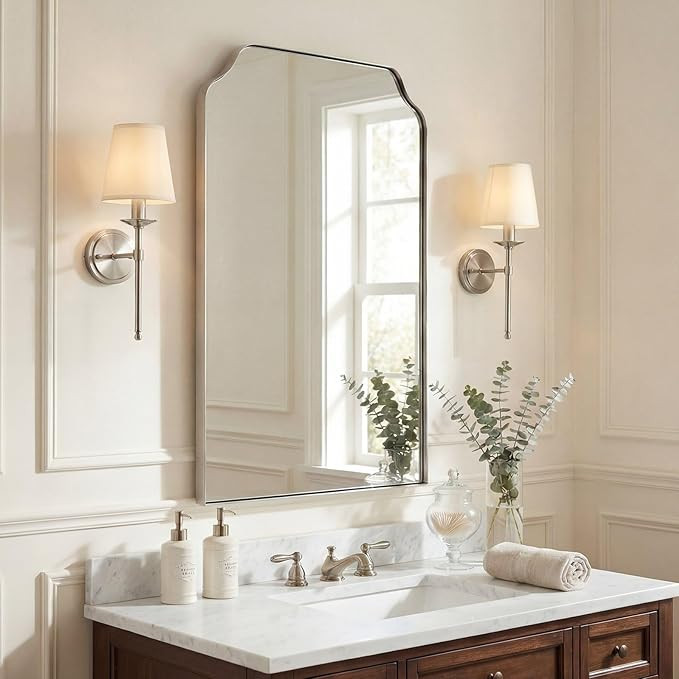 ANDY STAR 24”x36” Brushed Nickel Scalloped Wall Mirror, Transitional Rectangular Silver Bathr... | Amazon (US)
