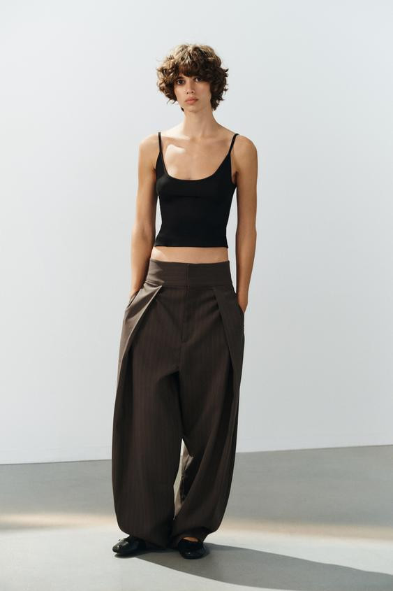 Zara - Striped Pleated Balloon Trousers - Chocolate Brown - L - Woman | Zara UK
