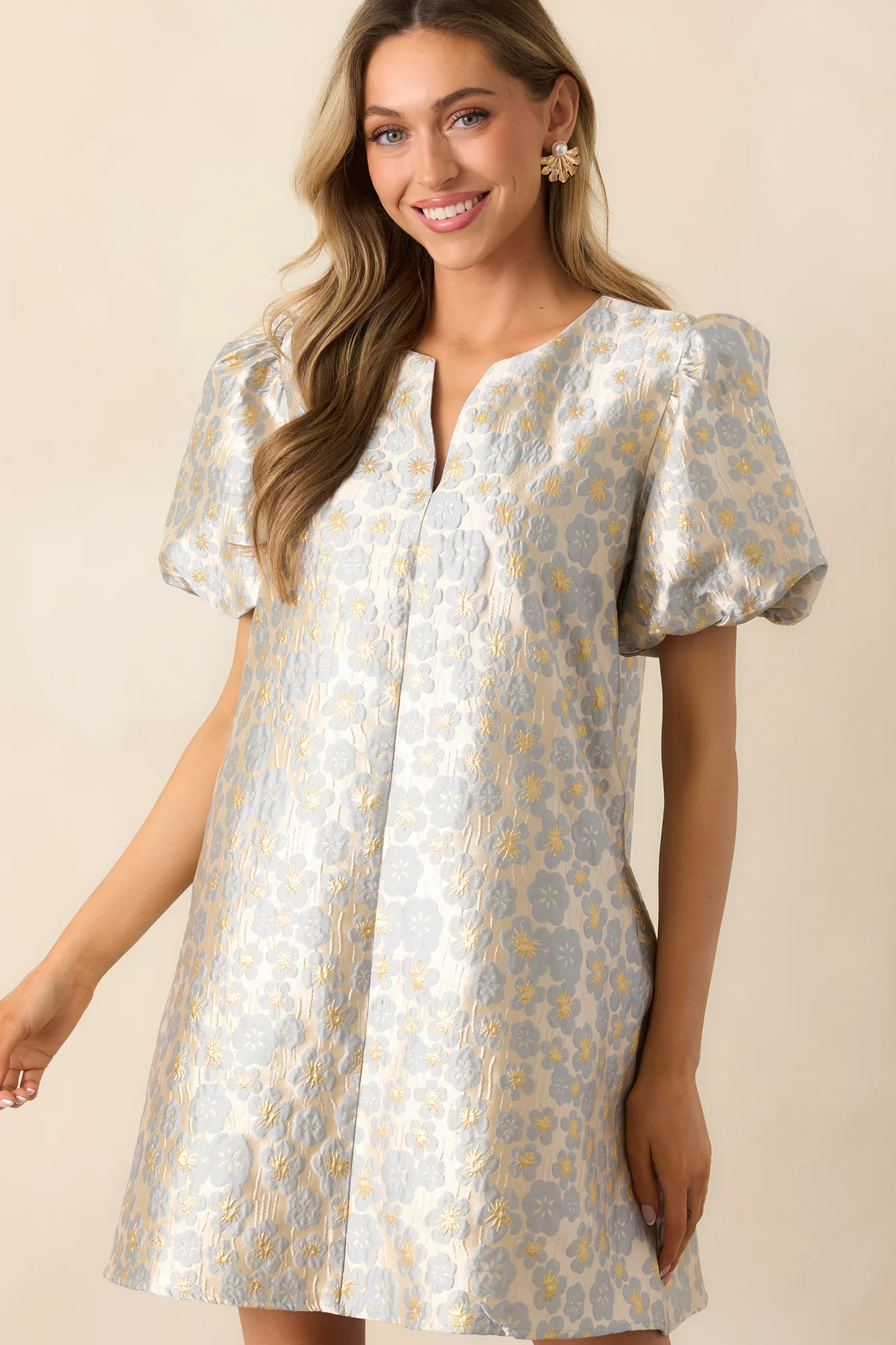 The Missing Piece Ash Blue Floral Jacquard Mini Dress | Red Dress