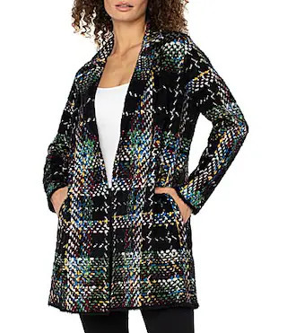 Liverpool Los Angeles Jacquard Plaid Notch Collar Long Sleeve Open Front Coat - L | Dillard's