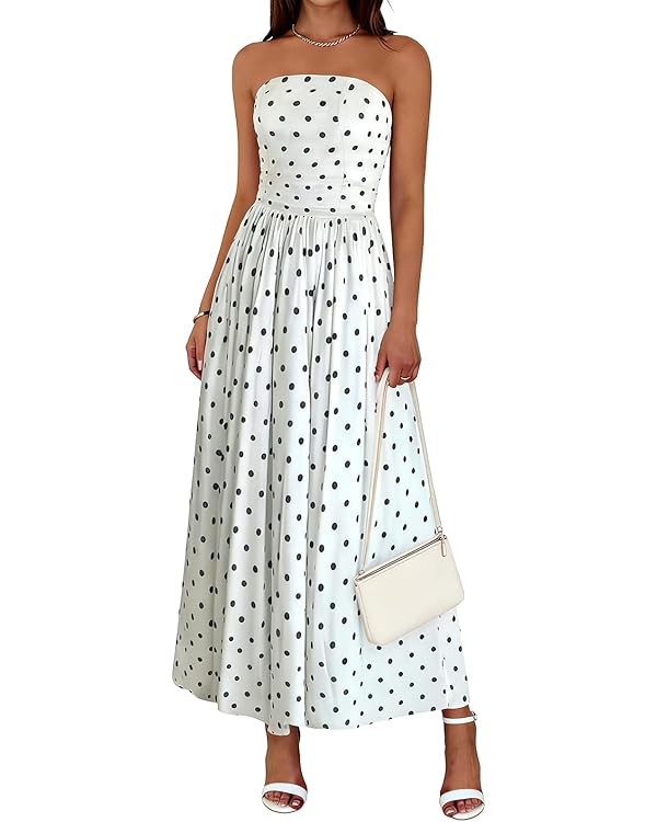 Wenrine Womens Polka Dot Strapless Dress Summer Smocked Tube Top Casual Sleeveless Swing Flowy Ma... | Amazon (US)