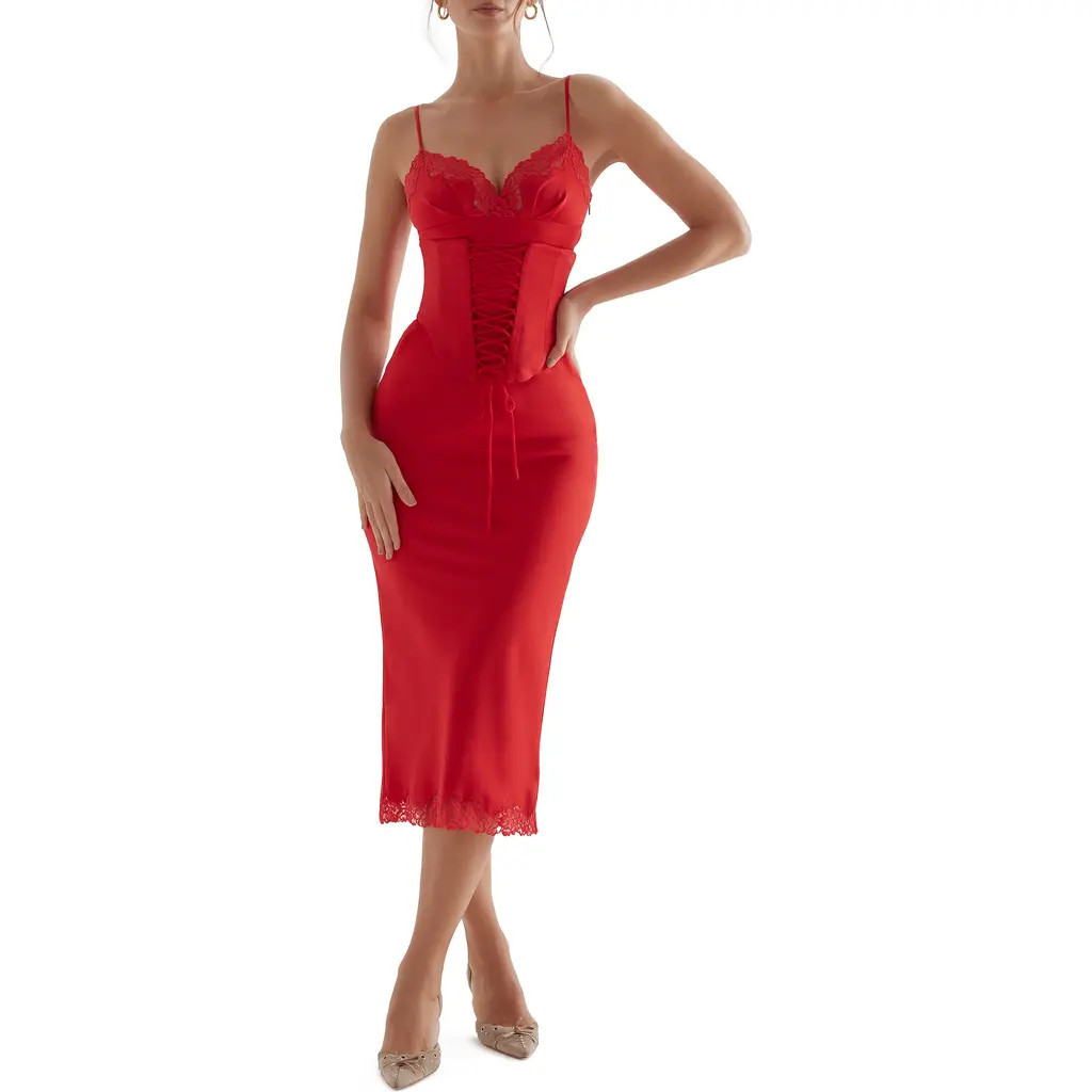 HOUSE OF CB Salma Corset Satin Slipdress in Red Rose at Nordstrom, Size Medium D | Nordstrom
